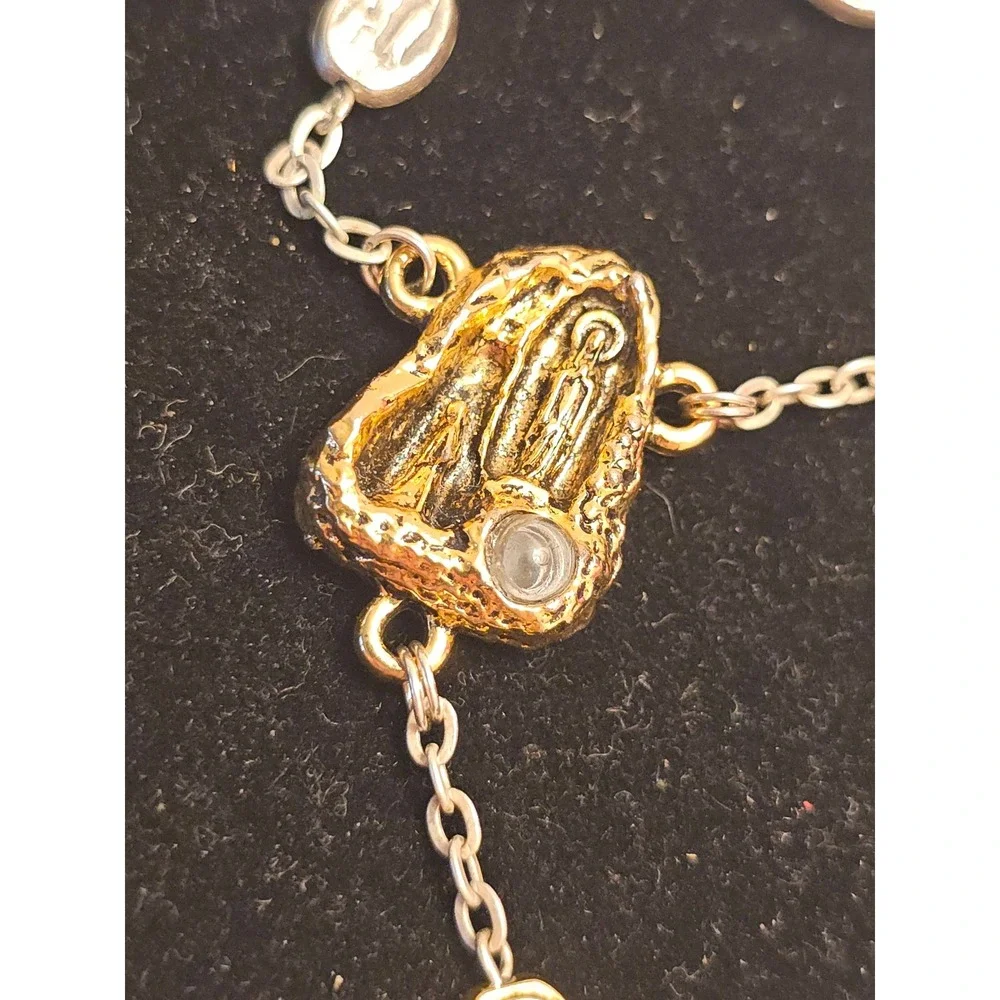 Vintage Ghirelli 2 Tone Religious Rosary Necklace 2003 Lourdes Water Crucifix 22